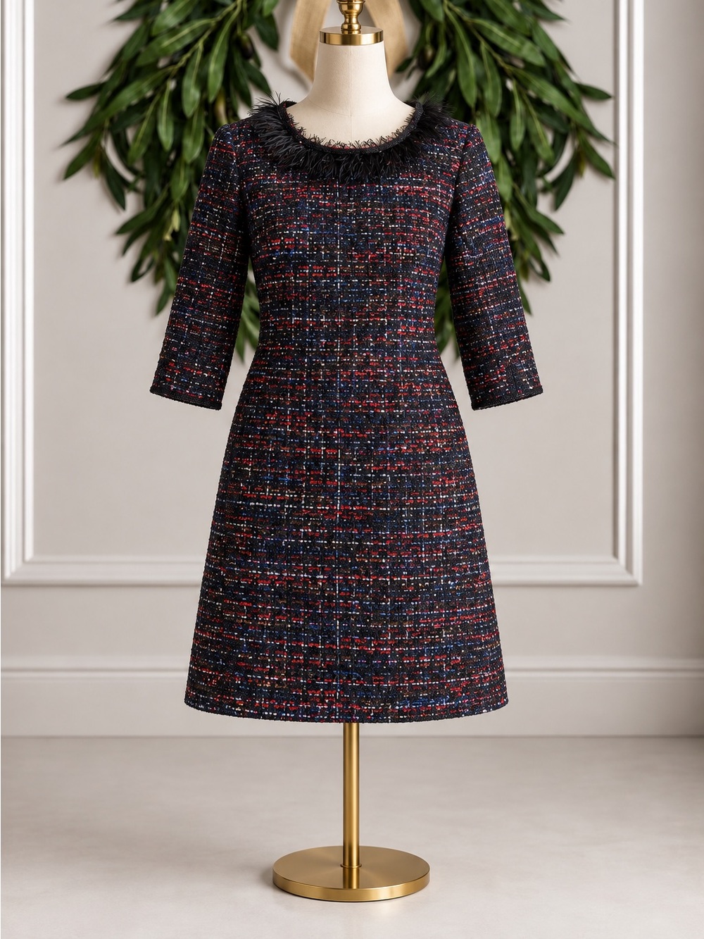 Sara Campbell Black Multi Color Tweed Dress Feather Trim Sequins 10
